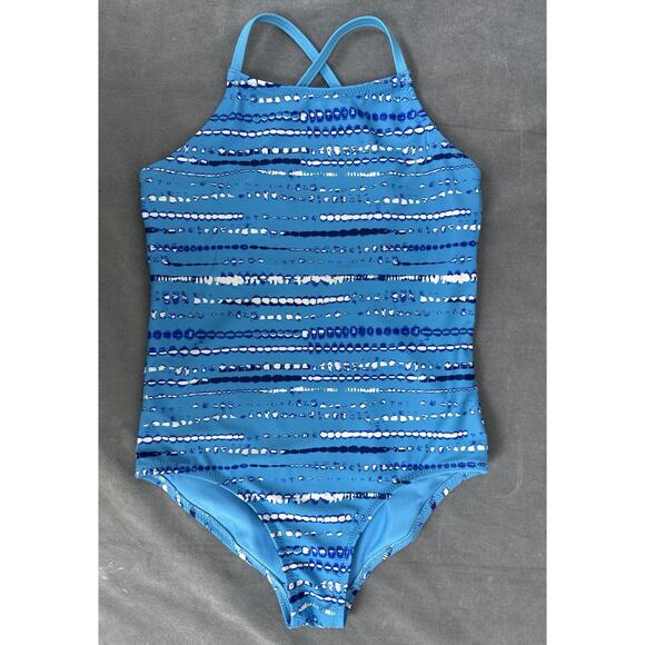 Lands’ End Girls Size 8 Medium Swimsuit One Piece Blue Dot Stripes Bathing Suit - Picture 1 of 7